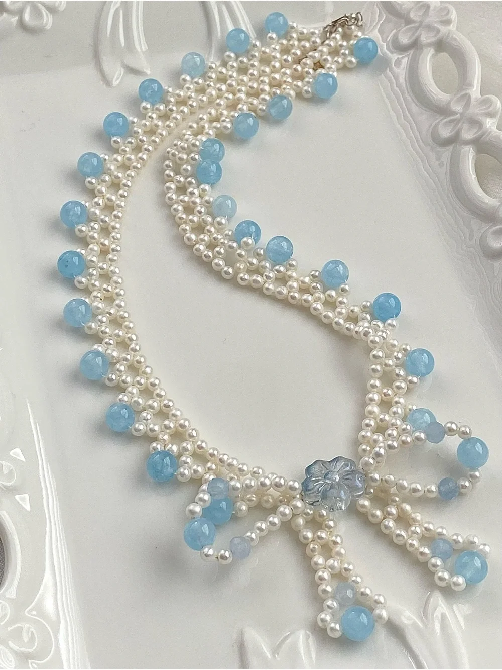 GP89-Hand Braided High Quality Baby Pear And Aquamarine Bow Necklace